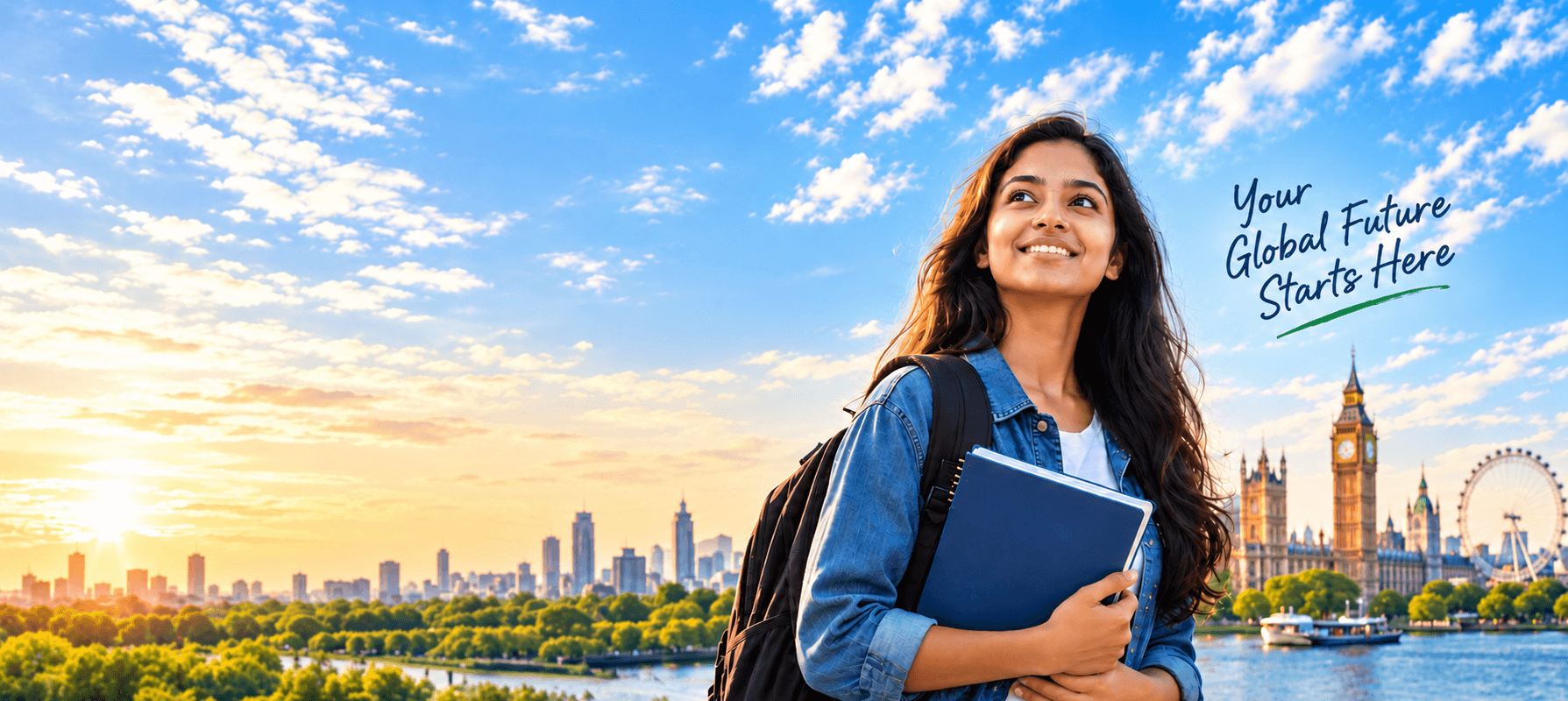 A student holding a notebook looks across a sunrise skyline toward Big Ben and the London Eye.